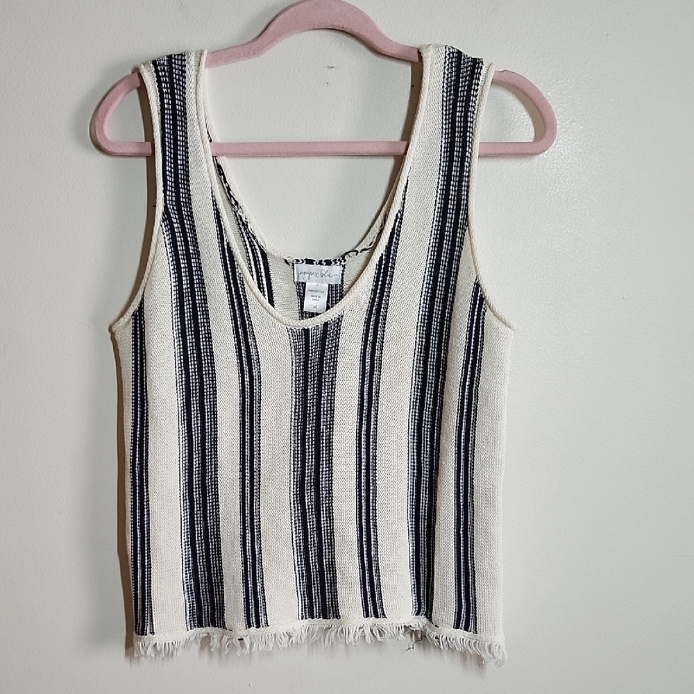 Juniper Blu Navy Cream Striped Sweater Sleeveless Top Fringed Bottom Cotton Med